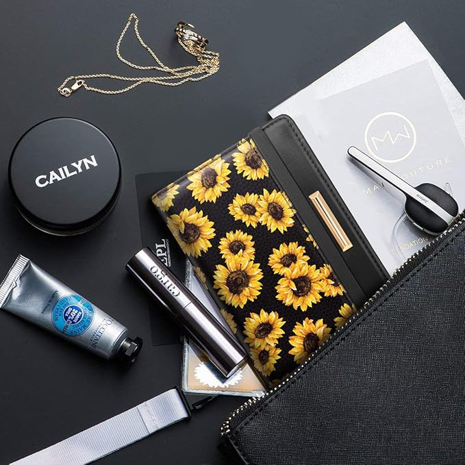 Coco Rossi Women's Black Floral Sunflower Passport Wallet Cover with RFID Blocking, 7 Compartments, 4 Card Slots, Magnetic Closure