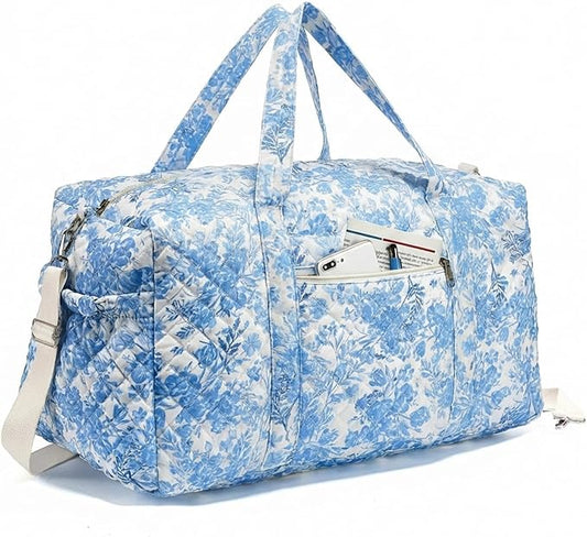 Large Quilted Travel Duffle Bag for Women Floral Portable Gym Weekender Bag with Zipper Pockets Workout Grocery Pouch Duffle Gift Pouch for Work(Blue Floral)