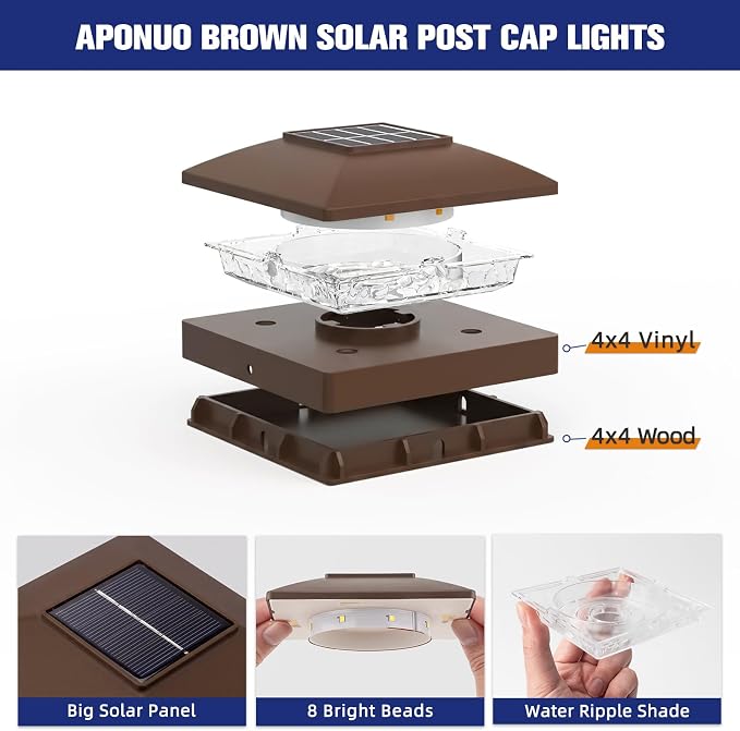 APONUO Solar Post Cap Lights for 4x4 Posts - IP64 Waterproof, Warm/Cool White, Wireless Fence Lights & Deck Lights for Patios, Gardens, and Yards, Brown,8 Pack
