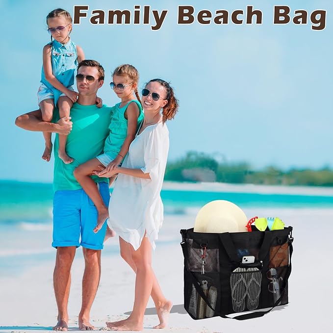 Fammart Mesh Beach Bag, Large Beach Tote with Zipper Pocket, Toys Pool Bag for Family Travel Vacation Cruise Essentials