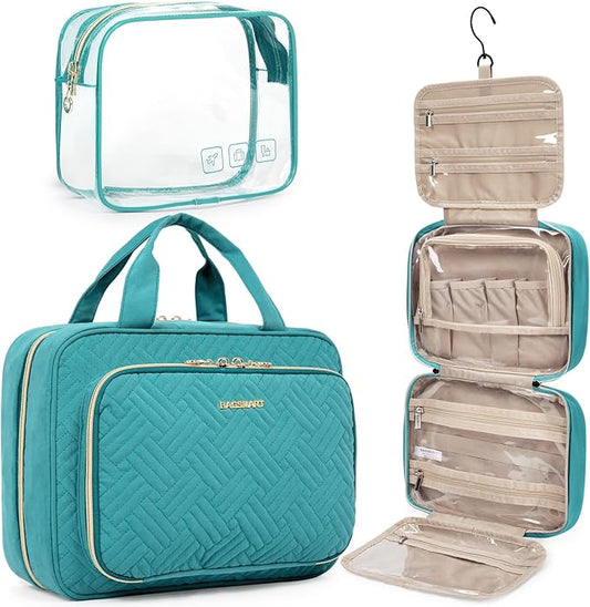 BAGSMART Toiletry Bag Hanging Travel Makeup Organizer with TSA Approved Transparent Cosmetic Bag Makeup Bag for Full Sized Toiletries, Medium-Blue