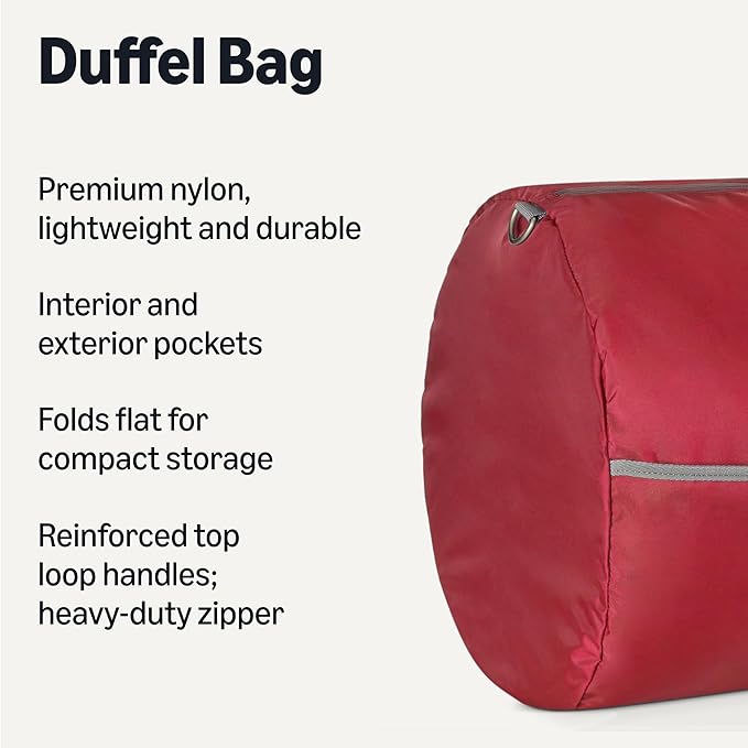 Amazon Essentials Extra Large Foldable Nylon Duffel Bag for Travel/Storage with Zippered Pockets, 32.4", 150L, 50-LBS Capacity, Red (Previously Amazon Basics)