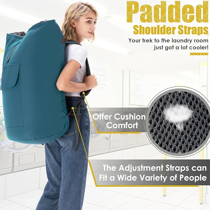 Backpack Laundry Bag, 115L Heavy Duty Extra Large College Laundry Backpack, Dirty Clothes Bag with Shoulder Straps, Laundry Hamper Bag with Drawstring Closure for College Dorm, Apartment Teal