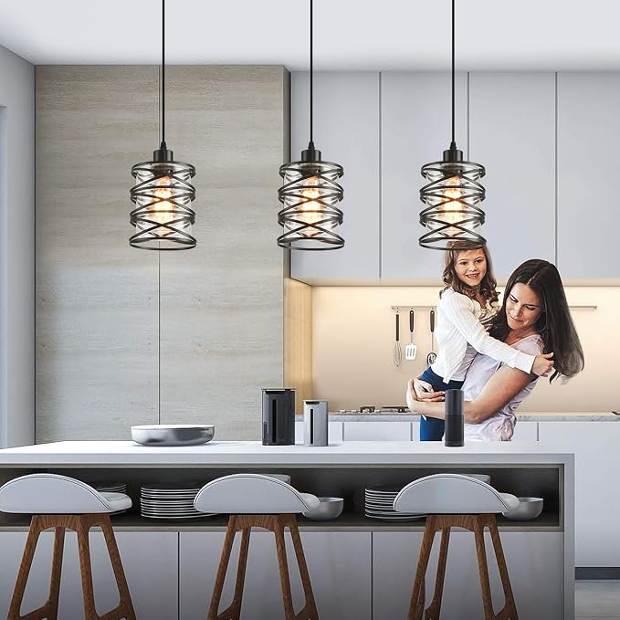 3 Pack Pendant Light Kitchen Island Pendant Lighting, Glass Hanging Light with Spiral Cage Clear Glass Shade, Black Modern Indoor Hanging Lamp