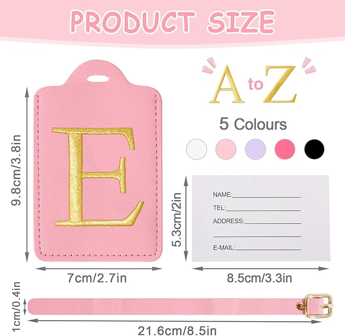 Initial Luggage Tags for Suitcases, Cute Embroidered Letter Luggage Bag Suitcase Identifier Name Baggage Tag, PU Leather Travel Luggage Tags, Bag Tags for Men Women Kids Luggage Handbags(Pink E)