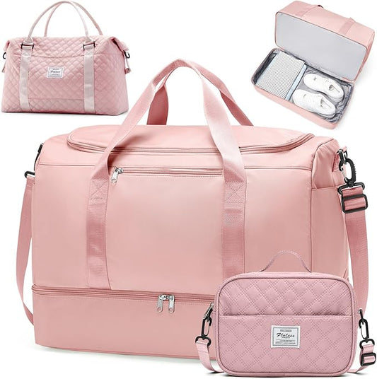 Extra Large Travel Duffle Bag,Carry-on Overnight Bag with Shoes Compartment,Weekender Bags for Women for Travel Business Trips Sport Hospital,3 Pcs Set,Pink