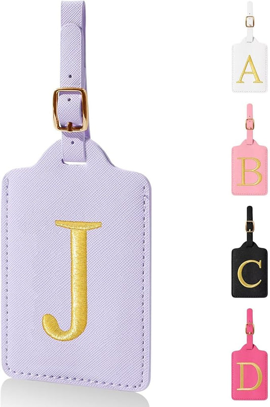 Personalized Initial Luggage Tags for Suitcases,Leather Letter Cute Luggage Tags with Privacy Name Card,Embroidered Monogrammed Travel Bag Backpack Tag Gifts for Women Kids Girls Teens(Purple-J)