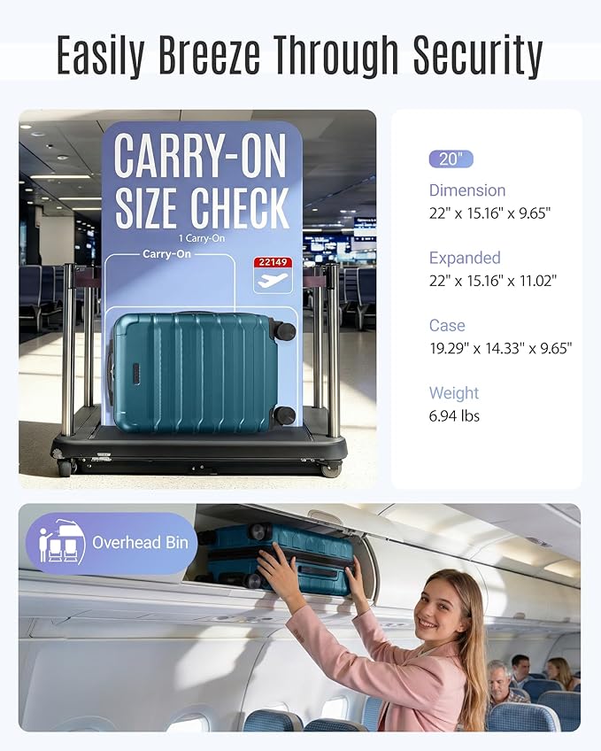 LIGHT FLIGHT Carry On Luggage 22x14x9 Airline Approved, Expandable Carry On Suitcases with Wheels, Lightweight Luggage, Durable Hard Shell 20 Inch Rolling Suit Case for Men Women Travel,Teal Blue