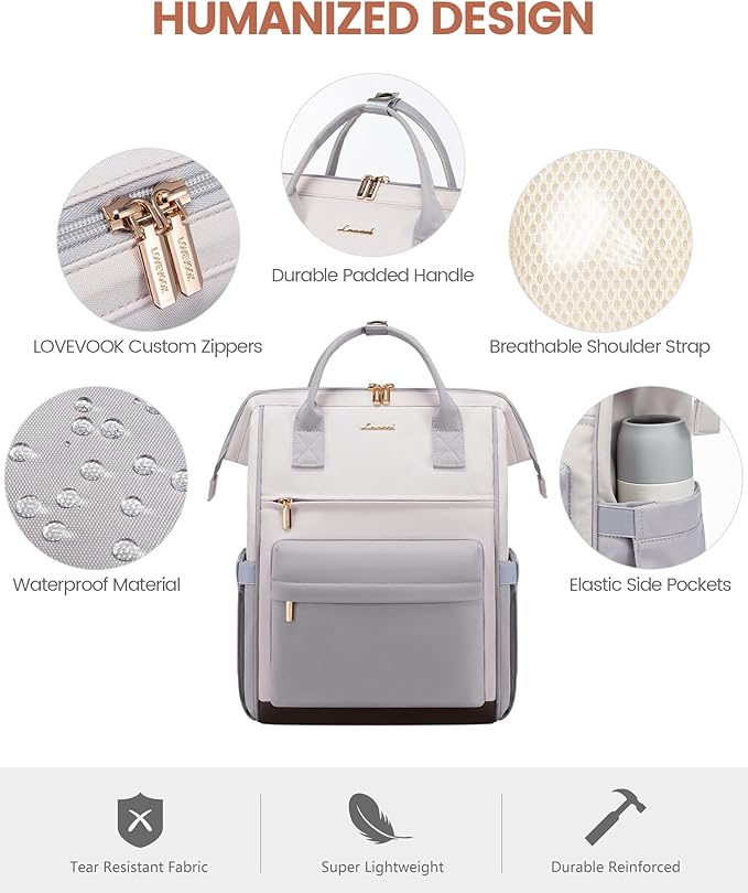 LOVEOVOOK 15.6 Inch Laptop Backpack for Women, Large Capacity Travel Backpack with USB Charging Port, Waterproof Work Backpack for Business, College, Nursing & Airline Travel,Light Gray