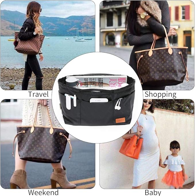 iN. Purse Organizer Insert with zipper Nylon fabric for women Handbags & Totebag, black, Medium: 15.7"(Top)/12.2"(Bottom) L × 4.7" W × 8.3" H
