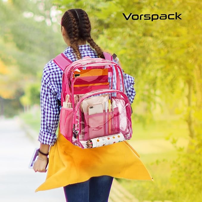 Vorspack Clear Backpack Heavy Duty PVC Transparent Backpack with Reinforced Strap Stitches & Large Capacity for College Workplace Security - Pink
