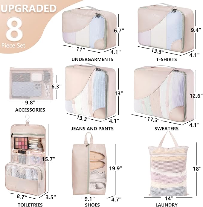 8 Set Packing Cubes for Travel, Gifts for Women Mom,Anti-Tearing Suitcase Organizer for Luggage with Shoe & Hanging Toiletry Bag,OlarHike Vacation Essentials & Accessories for Cruise Ship