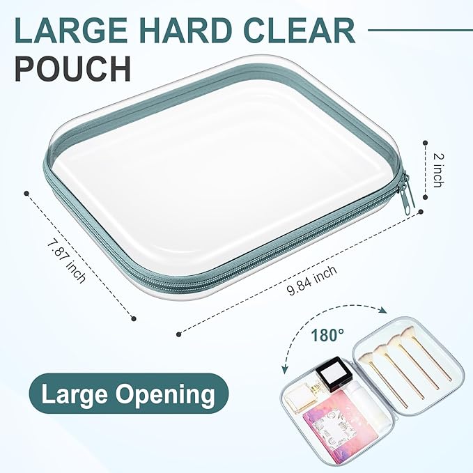 Sanwuta 6 Pcs Clear Hard Zipper Case Plastic Zipper Pouches Transparent Makeup Bag Pencil Case Pouches Toiletry Diaper Bag for Travel Toy Storage Organizer Bins(Blue-green,9.84 x 7.87 x 2 Inch)