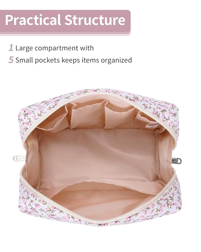 Narwey Cute Floral Makeup Bag Travel Cosmetic Bag Organizer Toiletry Bag Make Up Bags with Compartments for Women Girls (Pink Flower, Large)