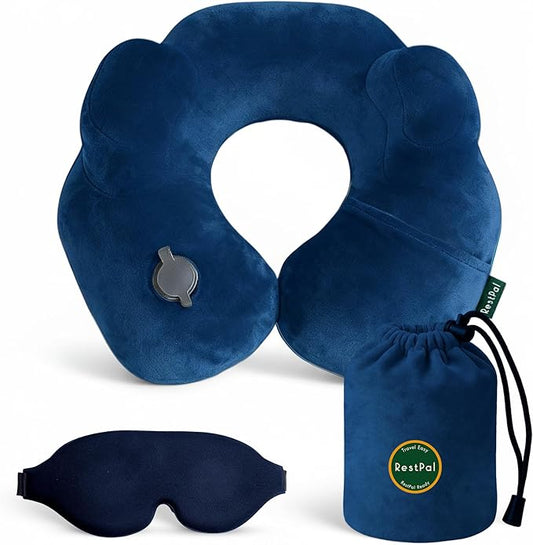 Inflatable Travel Neck Pillow with Adjustable Memory Foam Sides | Lightweight, Soft & Portable Support (Navy Blue, Standard)