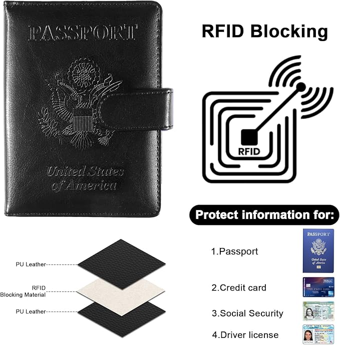 Sizobi Passport Holder for Travel, RFID Passport Cover Wallet for Women Men, Leather Passport Book Card Holder Case for International Travel Must Haves Accessories, Cruise Ship Essentials Gifts, Black