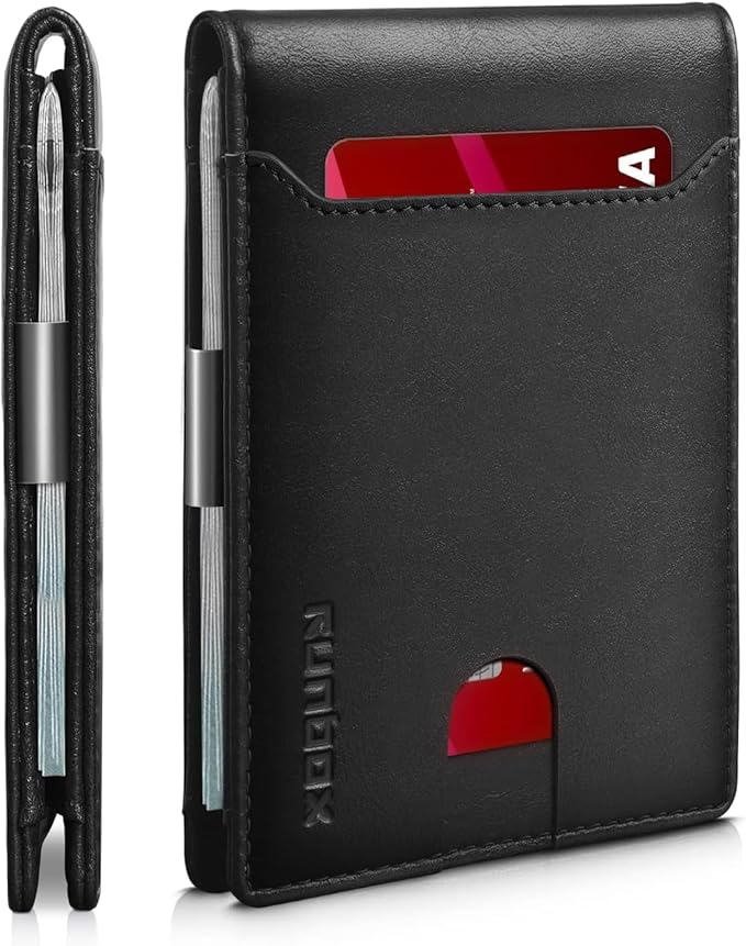 RUNBOX Slim Wallets for Men - Leather Money Clip Mens Wallet - RFID Blocking Front Pocket Bifold Wallet - Thin Credit Card Holder with Gift Box