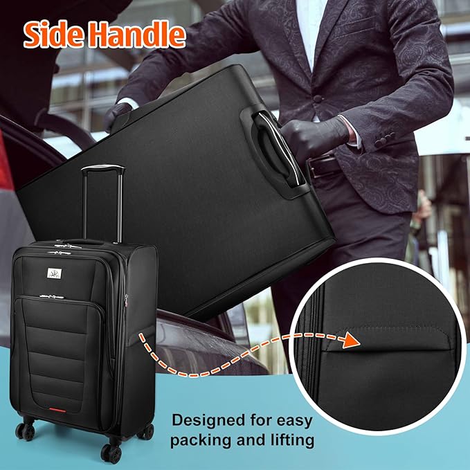 Verdi Luggage Set 3-Piece Suitcase with Spinner Wheel Softside Expandable, Carry On Luggage with USB Port (Black, 3-Piece set(20/24/28))