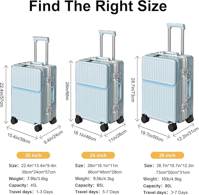 Hard Shell Luggage 20 Inch Travel Luggage, 22x14x9 Airline Approved with TSA Lock, PC+ABS Aluminum Frame, Lightweight Travel Luggage 20'' 24'' 26''Carry-On (upgraded blue, 20 inch)