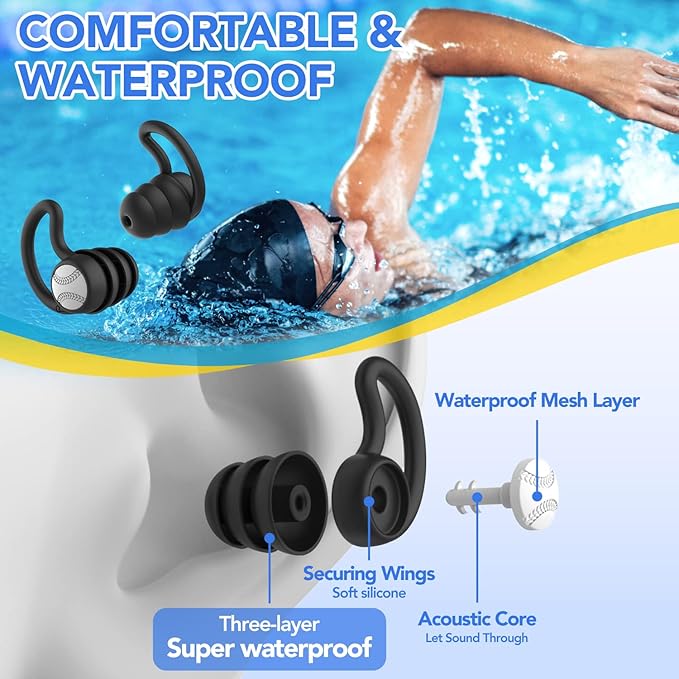 Swimming Ear Plugs Waterproof Earplugs - 2 Pairs Silicone Swim Ear Plugs for Adult Kids, Water Sports Earplugs for Showering, Bathing, Surfing - Keep Ear Water Out