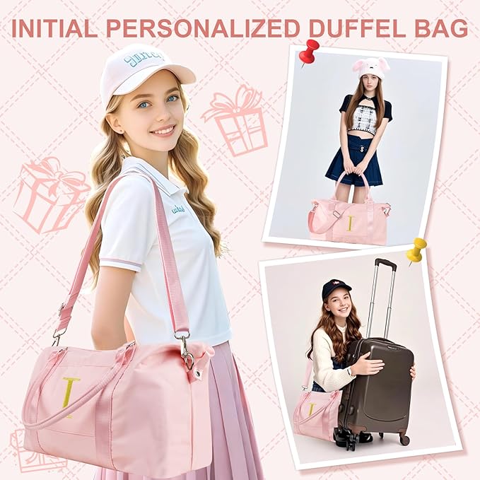 Personalized Initial Gym Dance Bag, Travel Duffel Bag for Teen Girls, Carry On Bag Overnight Weekender Bag with Trolley Sleeve, Birthday Gifts for Women Mom Daughter Graduation Gift(Letter I, Pink)