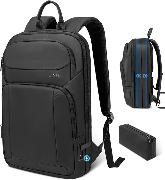Backpack for Men Slim & Expandable Travel Laptop Backpack with USB Charging Port Water Resistant Anti-Theft Business Backpack Fits 17.3In Laptop for Commute Work College with Small Bag（Business Black）