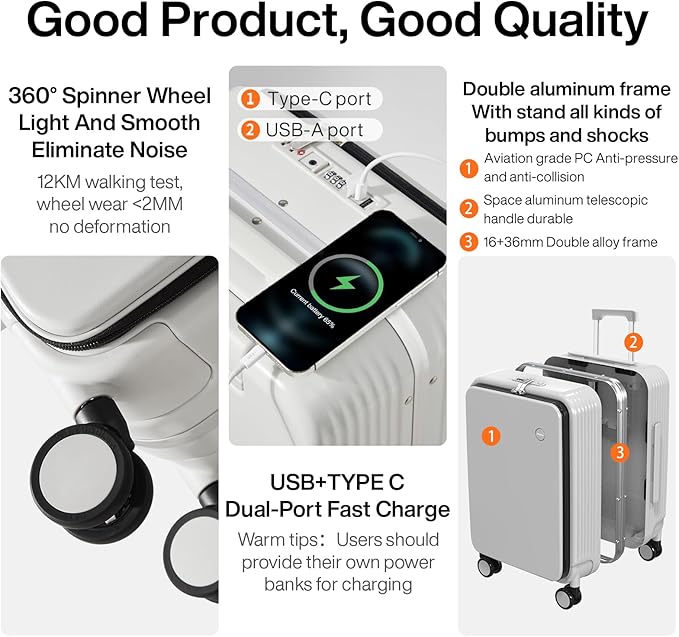 mixi Checked Luggage with Cup Phone Holder and Charger Hard Shell Suitcases with Spinner Wheels, 24 Inch Smoke White