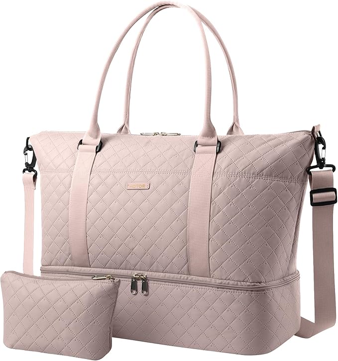 HOTOR Travel Duffel Bag - Weekender Bags for Women, Gym Tote Bags with Shoe Compartment, Carry On Overnight Bag with Toiletry Bag for Travel Essentials and Travel Accessories, Pink, 15.8"×18.1"×8.7"