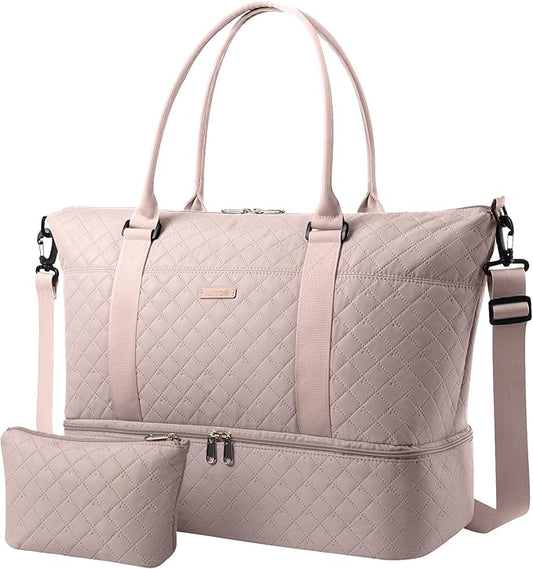 HOTOR Travel Duffel Bag - Weekender Bags for Women, Gym Tote Bags with Shoe Compartment, Carry On Overnight Bag with Toiletry Bag for Travel Essentials and Travel Accessories, Pink, 13.4"×17.3"×7.9"