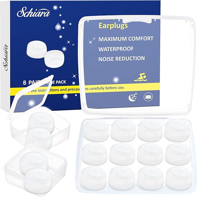 Schiara Ear Plugs for Sleeping, 8 Pair(16 Pieces) Moldable Noise Cancelling Silicone Earplugs for Swimming, Snoring, Sleep and Studying