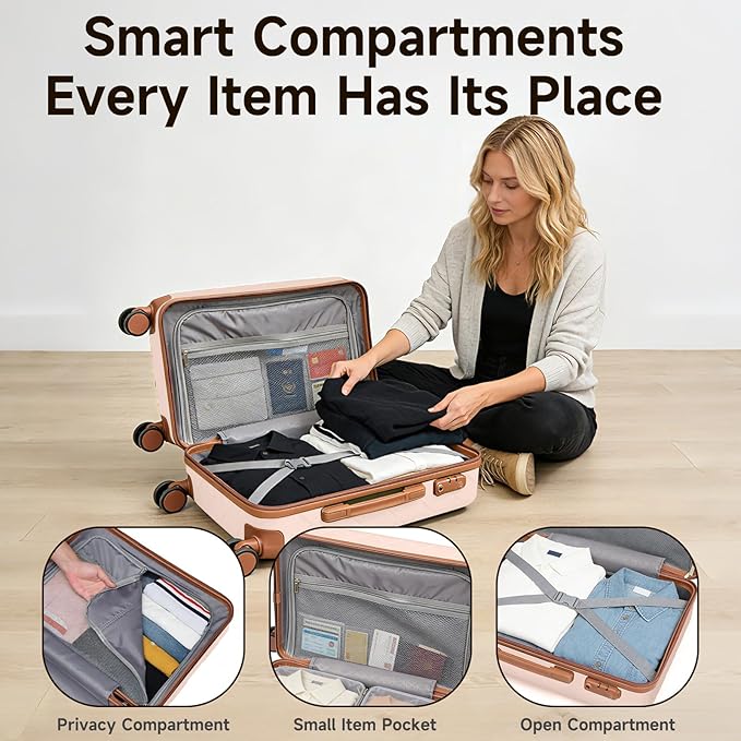 Lightweight Carry on Luggage 22x14x9 Airline Approved Suitcases with Wheels YKK Zipper TSA Lock, 2 Piece Luggage Set for Weekend Getaways & Travel Business (14/20 Pink)