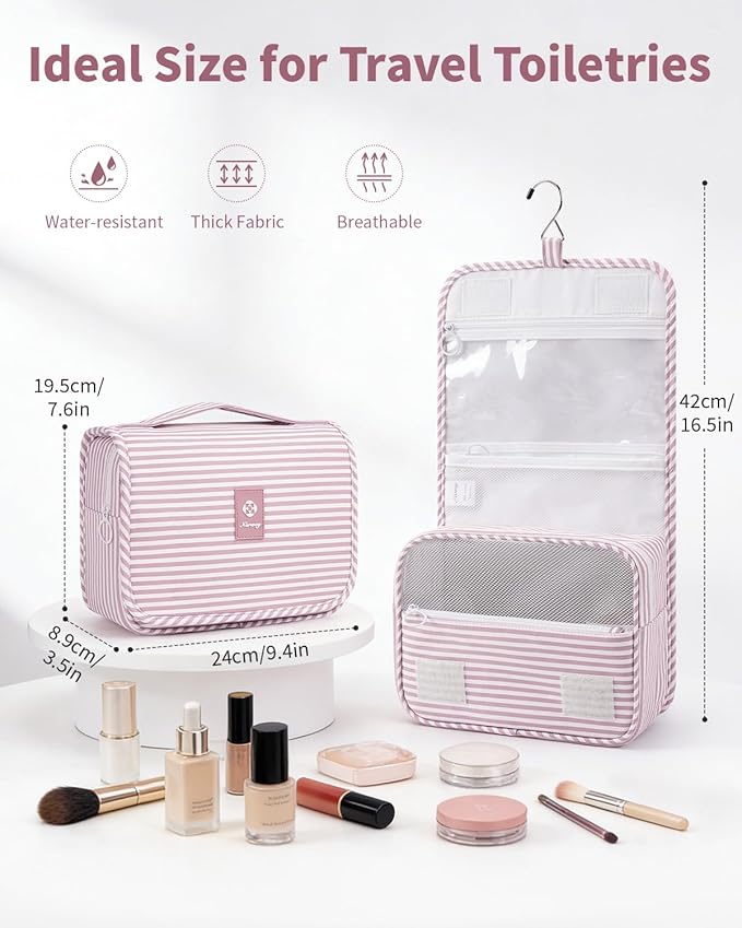 Narwey Small Hanging Toiletry Bag for Travel Women Girl, Striped Toiletries Travel Bag with Hook, Hanging Makeup Bag Organizer Make Up Cosmetic Bags (Dusty Pink Stripe)
