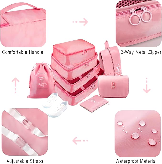 Packing Cubes, 8 Pcs Travel Packing Organizers for Suitcases, Large Capacity Travel Luggage Organizers Set includes 8 Storage Bags for Women or Men (Pink)