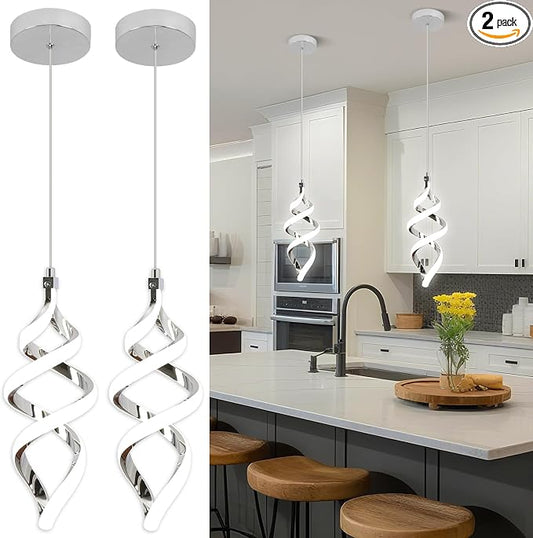 Modern Led Pendant Light Fixture, 15W Chrome Spiral Led Chandelier Hanging Lamp, 4500K Daylight White Pendant Lamp, Adjustable Height Pendant Light for Dining Room Bedroom Kitchen Island Cafe(2 Pack)