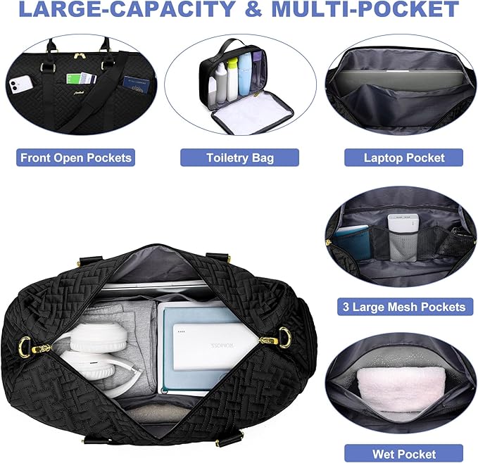 Women Weekender Travel Duffle Bag: Travel Duffel Overnight Bags with Shoe Compartment Large Carry on Tote with Toiletry Bag Weekend Traveling Yoga Gym Hospital Bag for Women with Wet Pocket Black