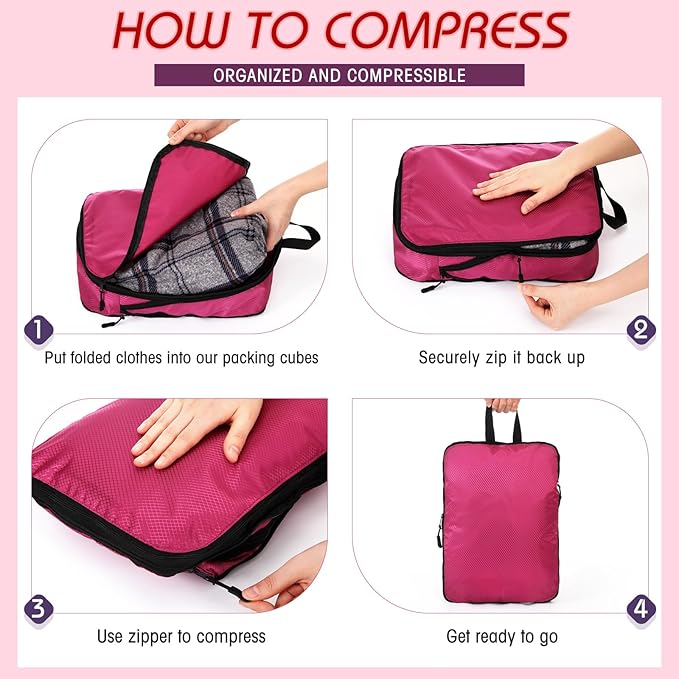 5 Pack Compression Packing Cubes for Travel Space Saving Cubes Luggage Organizer for Suitcase(Purple,L)