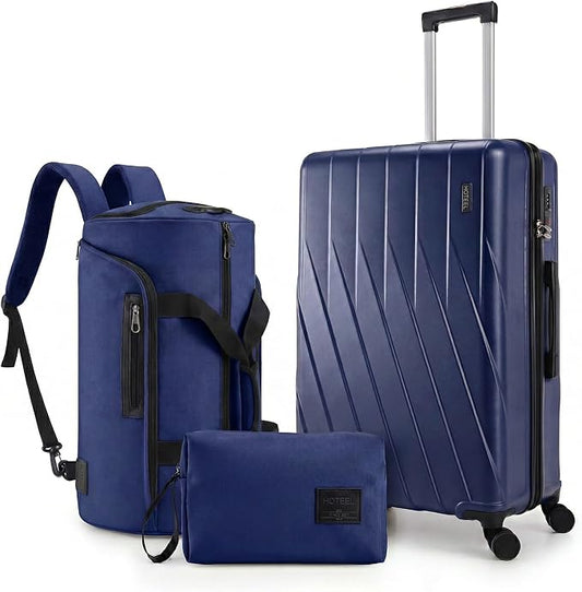 Hoteel Luggage Sets 3 Piece PC Hardside, 4-Year Warranty, Luggage Set with Spinner Wheels, TSA Lock, YKK Zipper, Lightweight Carry on Luggage, 20" Suitcase with Fitness Duffel & Organizer, Blue