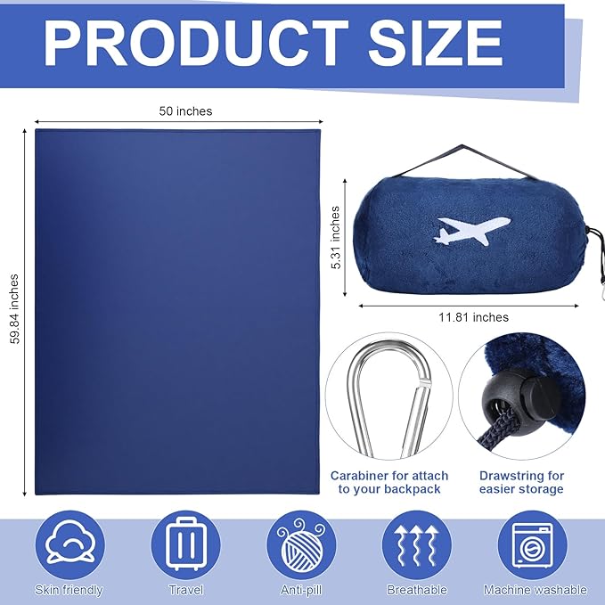 Peryiter 6 Sets Bulk Travel Blanket Pillows for Long Flight Sleeping 50 x 60 Inches Soft Flannel Packable Airplane Flight Blanket 2 in 1 Combo Warm Traveling Plane Essentials (Navy Blue)
