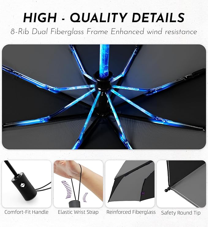 Windproof Travel Umbrella for Rain - 43" Auto Open Close 8-Rib Compact, Stylish Two-Tone Color Block Design, Easy-Close Folding Portable Parasol for Men & Women