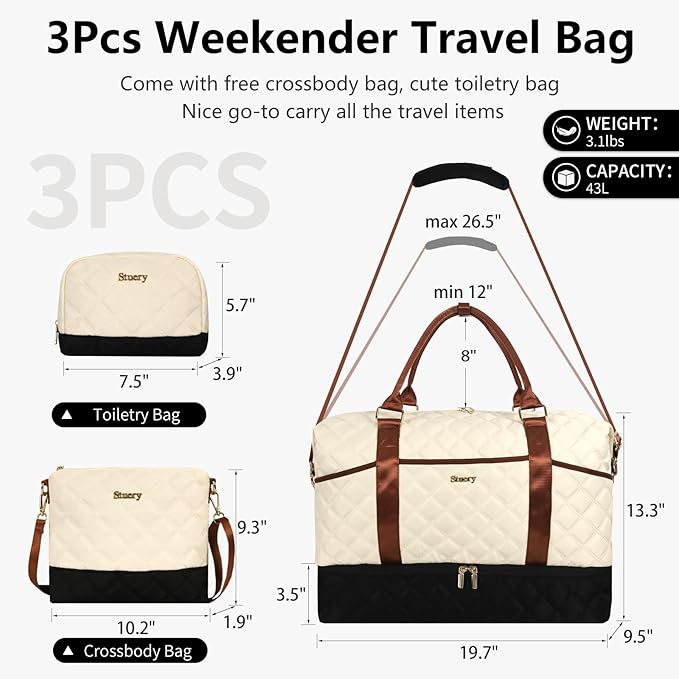 Weekender Bag, Large Travel Duffel Bag for Women, Carry on Overnight Bag with Shoe Compartment and Toiletry Bags
