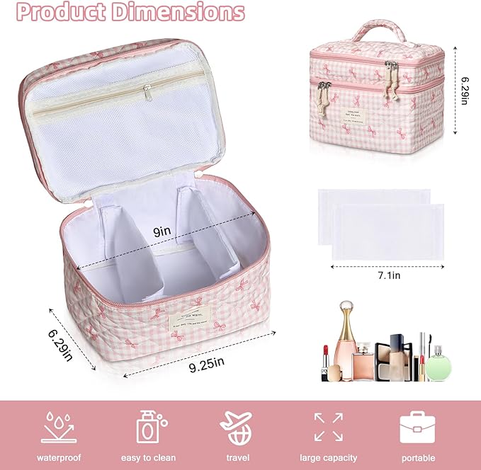 Makeup Bag, Portable Travel Make up Bag, Large Capacity Quilted Cosmetic Organizer Bag, Cute Floral Toiletry Bag for Women Girls (Pink Bow)