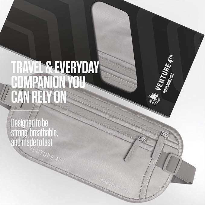 VENTURE 4TH Money Belt for Travel – Hidden Under-Clothes RFID Blocking Passport Holder & Slim Travel Wallet Pouch for Men & Women to Protect Cash, Cards & Documents (Sleek Silver)