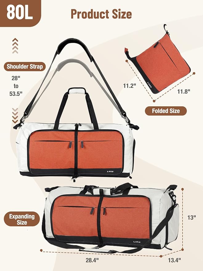 Lekesky Foldable Travel Duffle Bag for Women, Large Duffel Bag with Separate Shoes Compartments & Straps, Carry On Weekend Bag for Women, Hospital, Overnight (Cinnamon & Camel, 80L)
