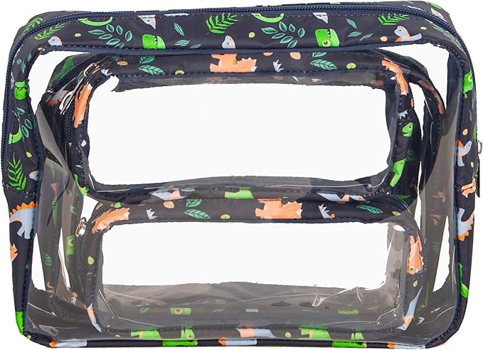 TSA Approved 5-Piece Diaper Bag Organizer Pouch Set Clear Waterproof TPU Kids Toiletry Storage Set Travel Packing Clutch Cube Bags for Baby Nursing(Dinosour)