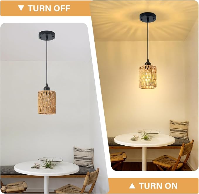 Boho Rattan Pendant Light for Kitchen Island Round Hanging Lamp | Handwoven Rattan Shade Adjustable Height 10-57 Inch E26 Base Farmhouse Chandeliers for Kitchen Islands And Dining Rooms