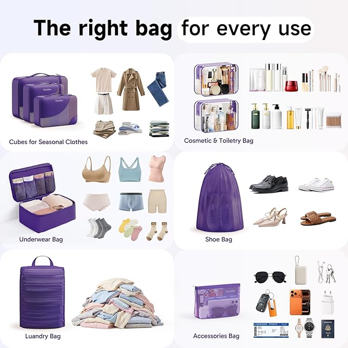 11 Set / 9 Set Packing Cubes for Travel,Gifts for Women Mom Kids,TSA Approved Bags for Makeup, Cosmetic, Toiletry, Organizers for Suitcase Carry On,Cruise Essentials Airplane Accessories,Purple