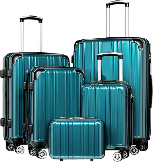 Coolife Luggage Sets, 5 Piece Durable Suitcase, Lightweight Carry on Luggage with PC+ABS Hardshell, Dual Spinner Wheels, TSA Lock and YKK Zipper (green new, 5 piece set)