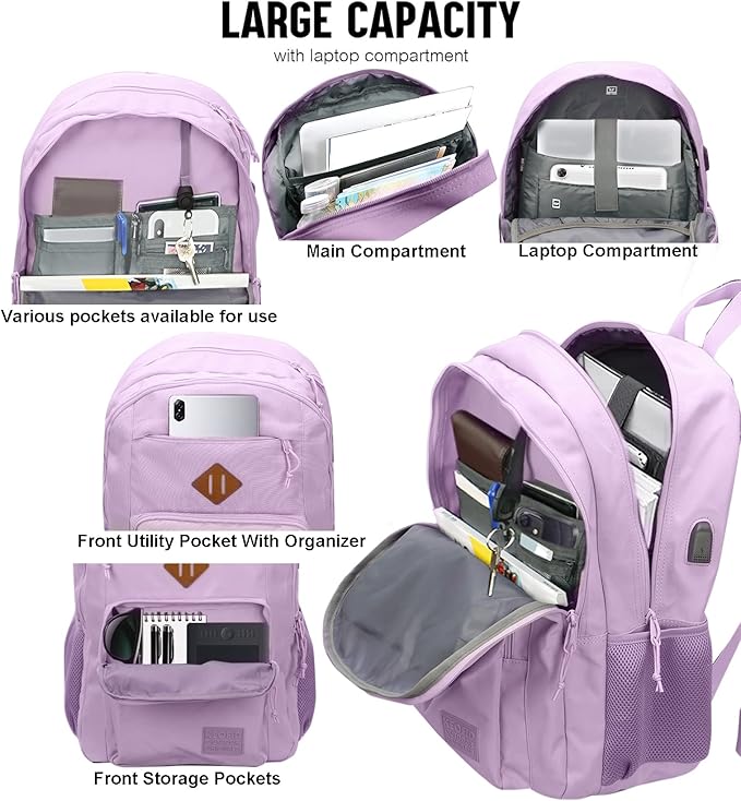 KEOFID Classic Travel backpack for Men and Women, Anti Theft Laptop Backpack with USB Charging Port for Work, Large Bag for College, Water Resistent(Purple)