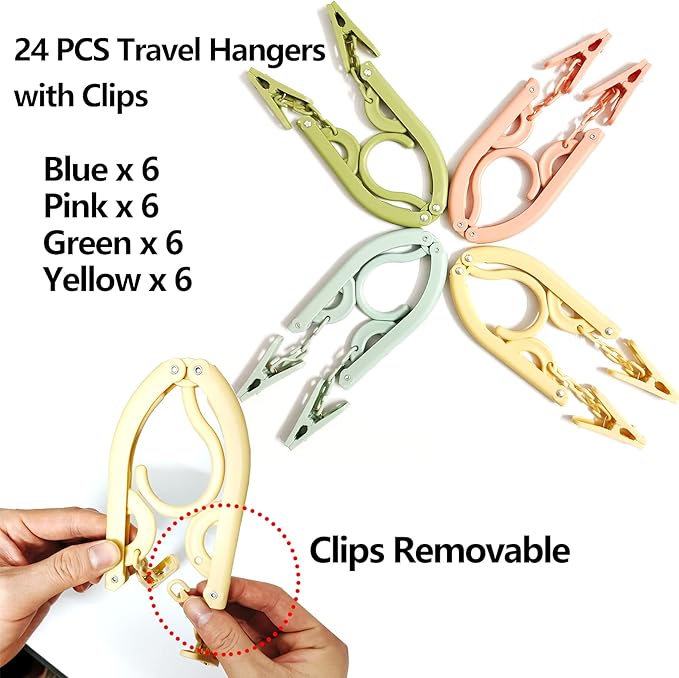 24 PCS Travel Hangers,Portable Folding Clothes Hangers with Clips,Foldable Clothes Drying Rack for Travel,Plastic Foldable Non Slip Clothing Hangers,4 Colors
