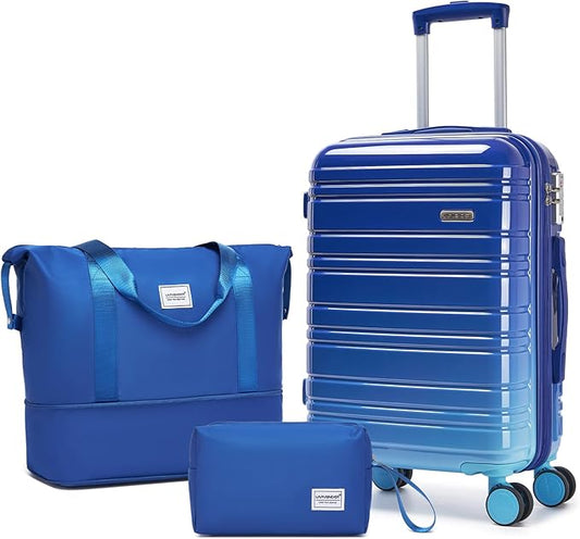 LARVENDER Carry on Luggage 22x14x9 Airline Approved, 20 Inch Hardside Suitcase with Wheels TSA Lock, PC+ABS Lightweight Travel Luggage Sets for Women, Navy Glow, 3 Piece Set